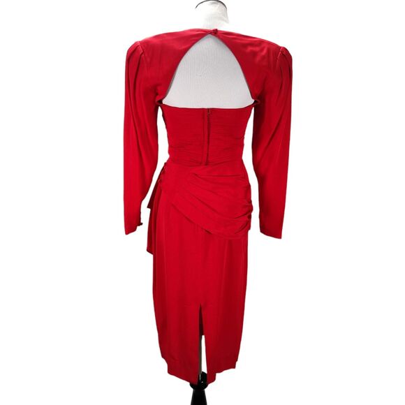 Vintage 90s Red Fitted Midi Cocktail Dress Size S Draped Open Back Square Neck - Picture 4 of 16